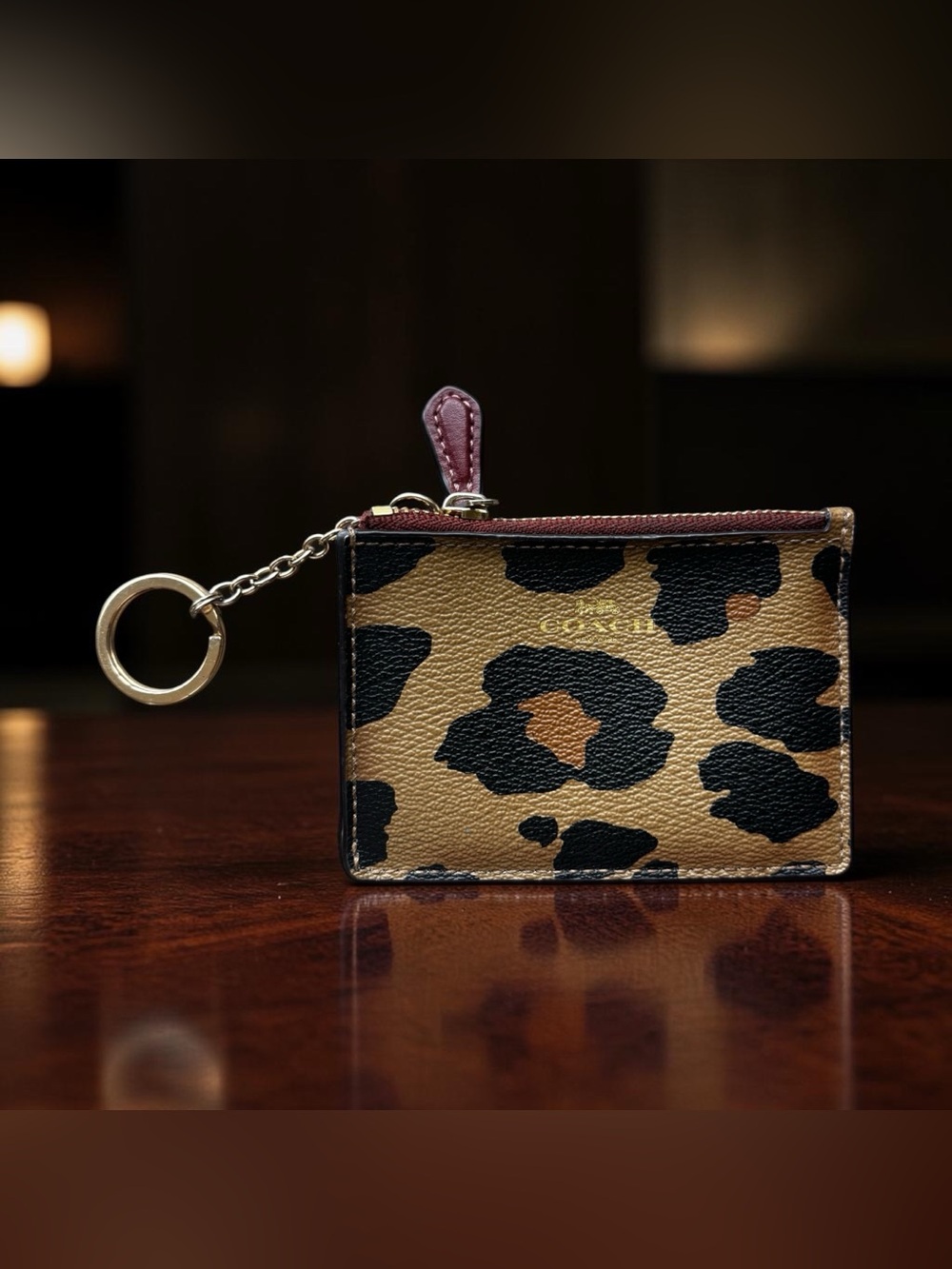 Coach Leopard Print Key & Card Holder with Gold Ring